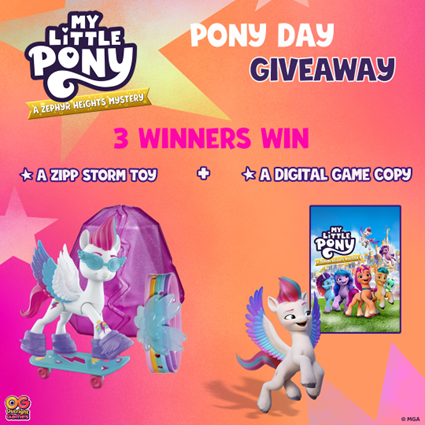 🦄✨#PONYDAY GIVEAWAY!✨🦄
Get ready to solve "A Zephyr Heights Mystery" with us! Three lucky winners will gallop away with a Zipp Storm 3-inch white pony toy &amp; a digital game code🎠✨
To join:
👉Follow us
❤️Like this post
💬Comment with #AZephyrHeightsMystery