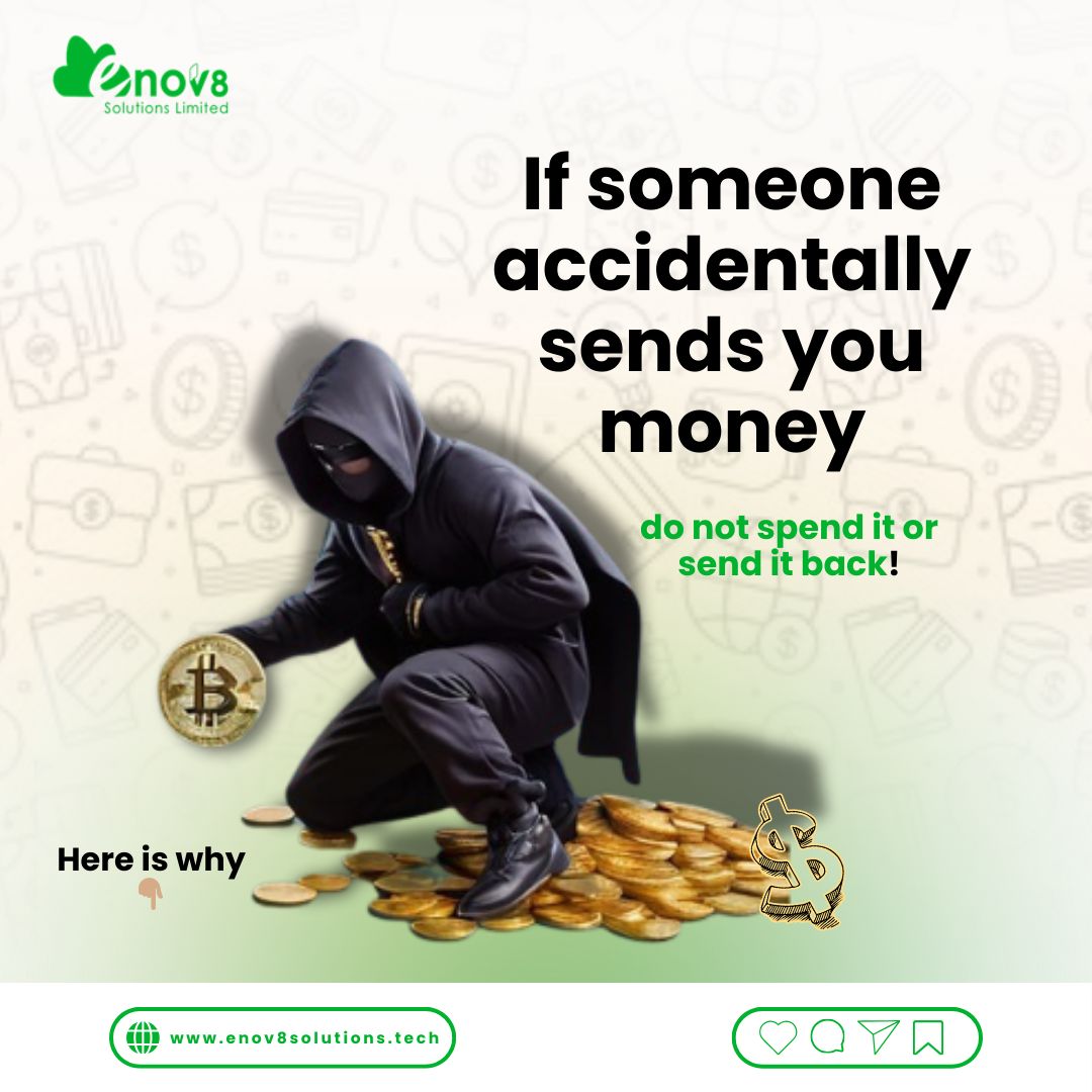 Enov8Solutions's tweet photo. The following reasons explain why you shouldn't spend or return the money:
1. Stolen Funds
2. Liability for Losses
3. Legal Issues

What to Do: 
✔ Report the problem
✔ Avoid interacting with the sender

#scammeralert #cybersecurity #infosec #banks #mtnnetwork #protest #falz https://t.co/WFzDlWawT6