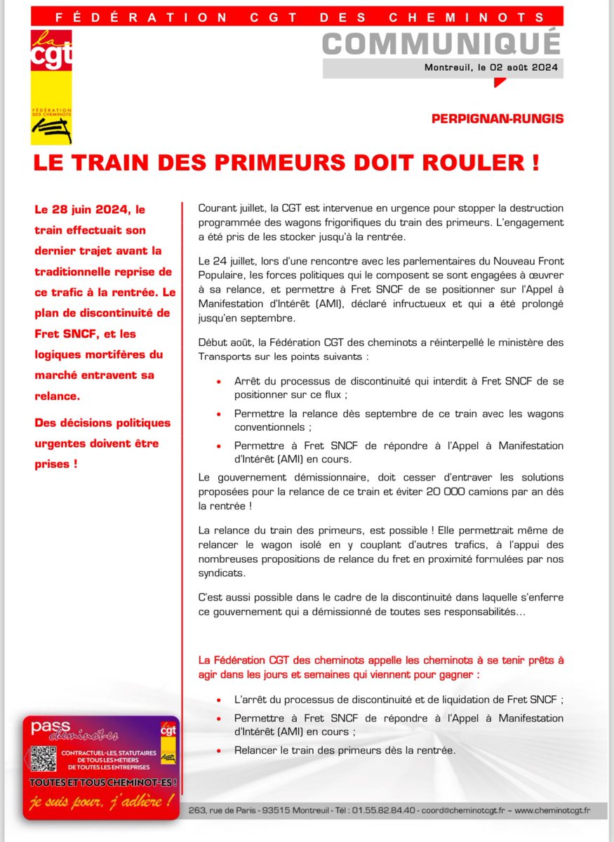 En mettant fin à la circulation du train « des primeurs » Perpignan-Rungis, la #SNCF et le gouvernement démissionnaire vont jeter plus de 20.000 camions sur les routes. 
La procédure de discontinuité de FRET SNCF doit et être stoppé et la SNCF doit pouvoir assurer cette liaison