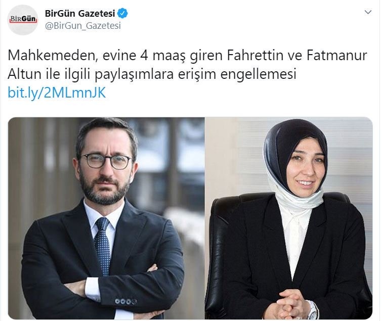 İletişim Başkanı Fahrettin Altun’un karısı Fatmanur Altun, Kızılay üzerinden çalınan 8 milyon doların gönderildiği TÜRGEV’in de Başkanı. Aynı zamanda THY Yönetim Kurulu'nda. 5 maaş alıyor. Fahrettin Altun, karısının 5 maaş aldığı haberlerine de #erişim engeli getirdi