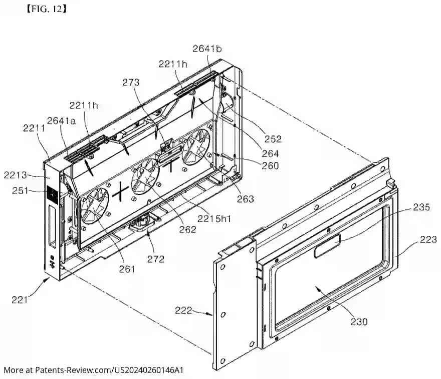 PatentPulse's tweet image. #LG Electronics' new patent app #US20240260146 reveals a #CookingAppliance with a door-integrated display, camera, and blower module. The blower cools components and creates an air curtain to keep the display and camera clean, while a separate airflow removes contaminants