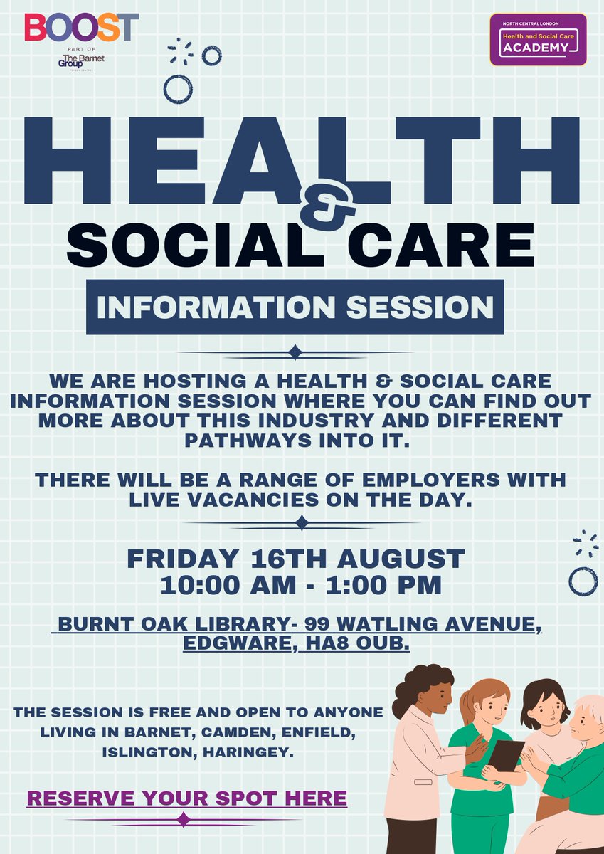 Discover opportunities in the care sector at our Care Information Session! Join us on August 16th at Burnt Oak Library, starting at 10am. Don’t forget to register: forms.office.com/e/4LkpqugmfG