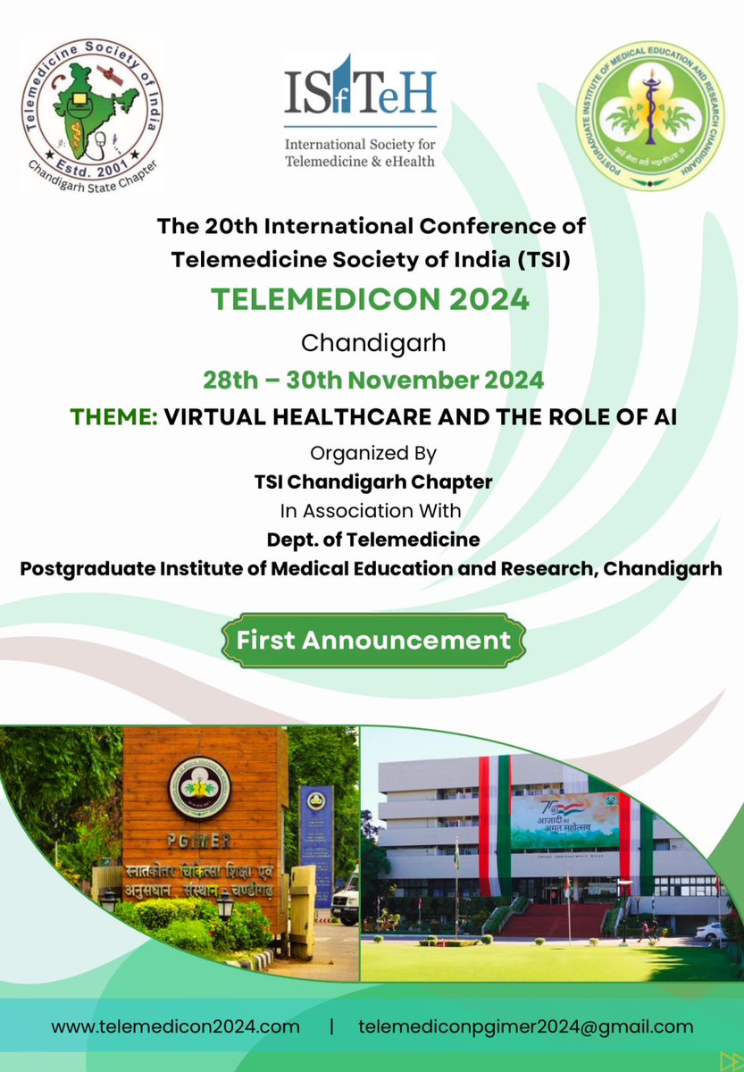 The 20th International Conference of Telemedicine Society of India will be held at City Beautiful.

Dive into the future with our theme "Virtual Healthcare and the Role of AI"

Date: 28-30 Nov 2024
Venue: Bhargava Auditorium, PGIMER Chandigarh

Register at lnkd.in/g6pec2xU