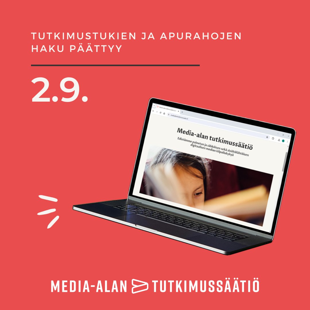 Haku media-alan apurahoille ja tutkimustuille on käynnissä ja päättyy ma 2.9. 💡 Syyskuun päätöskokouksessa käsitellään myös jatko-opintoapurahoja koskevat hakemukset. 

Lue lisää ja lähetä hakemus:
mediaalantutkimussaatio.fi/tutkimustuki-a…