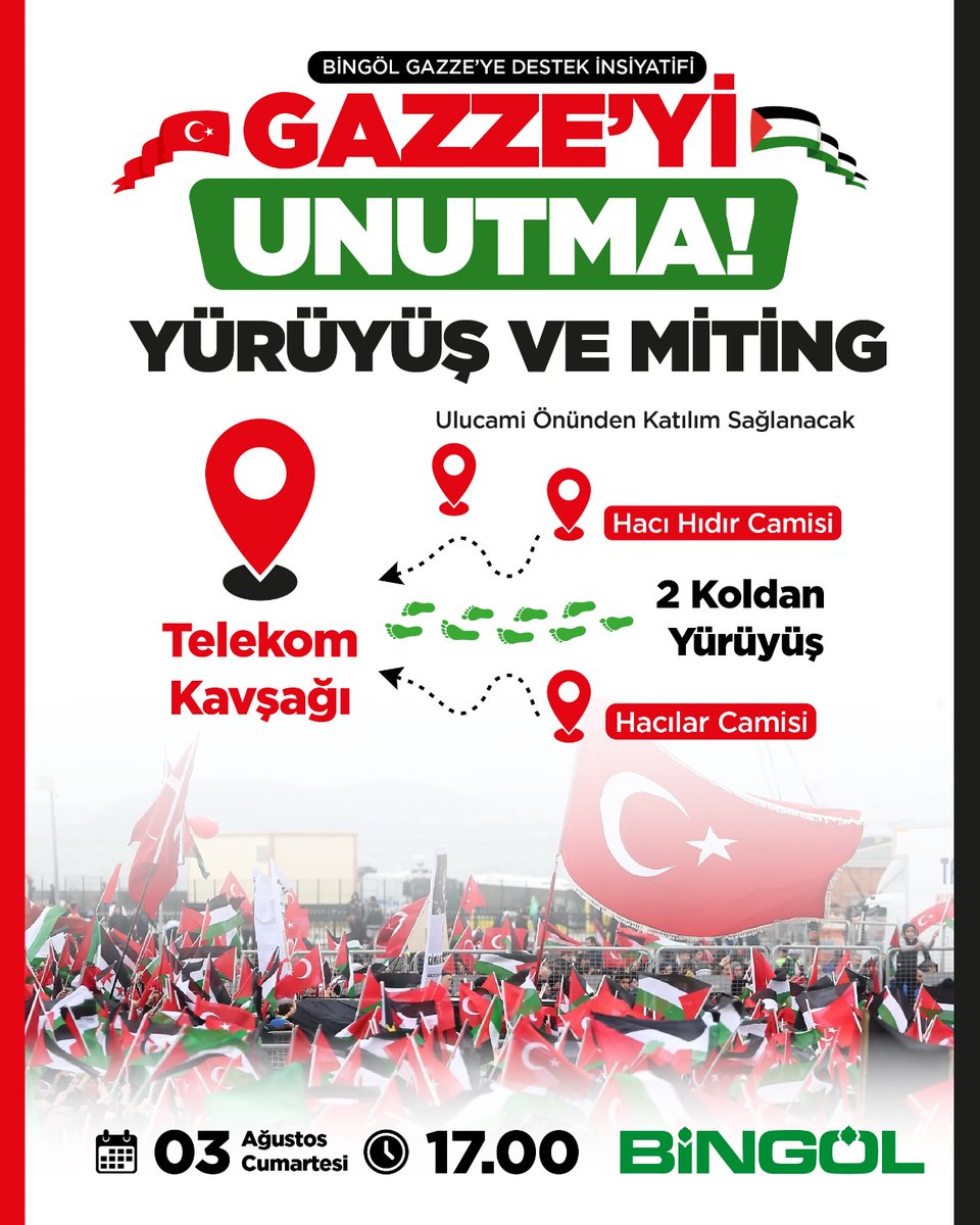Son bir vazife, son bir istek...
3 Ağustosta meydanlar sizindir dedi ve gitti İsmail Haniye... Bizlerde bu sözünü borç bildik. Hem davamız, sevdamız, yaramız olan Filistin için hemde bu uğurda canını, malını ve evlatlarını veren şehit komutan Haniye için...
#اسماعيل_هنية