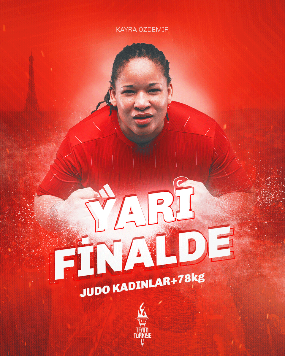 TeamTurkiye's tweet photo. #Paris2024 Olimpiyat Oyunları'nda judokamız Kayra Özdemir, kadınlar +78kg çeyrek finalinde Japonya'dan son olimpiyat şampiyonu Akira Sone'yi altın skorda yenerek yarı finale yükseldi.🥋

🇹🇷Sporcumuzun yarı final karşılaşması saat 17.00'de başlayacak seansta yapılacak. https://t.co/nhbqZcZI5v