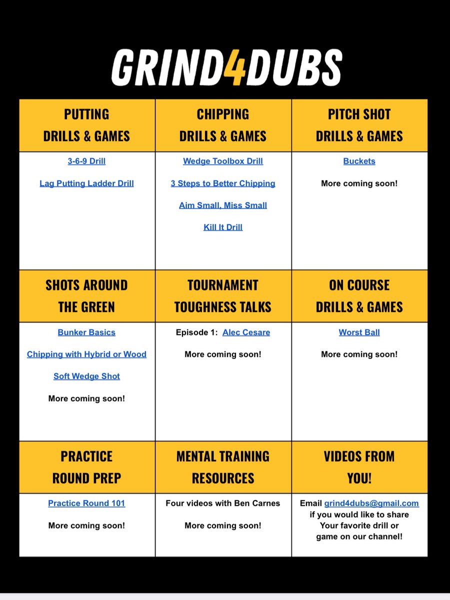 COACHES: We made this resource to help you put together your practice plans. Every time we add new videos to our channel, we will update this document.  <a href="/indianahsgolf/">Indiana HS Golf</a> 

It's also helpful for anyone in <a href="/IndianaGolf/">Indiana Golf</a> who wants new practice ideas. 

drive.google.com/file/d/1GKVfTR…