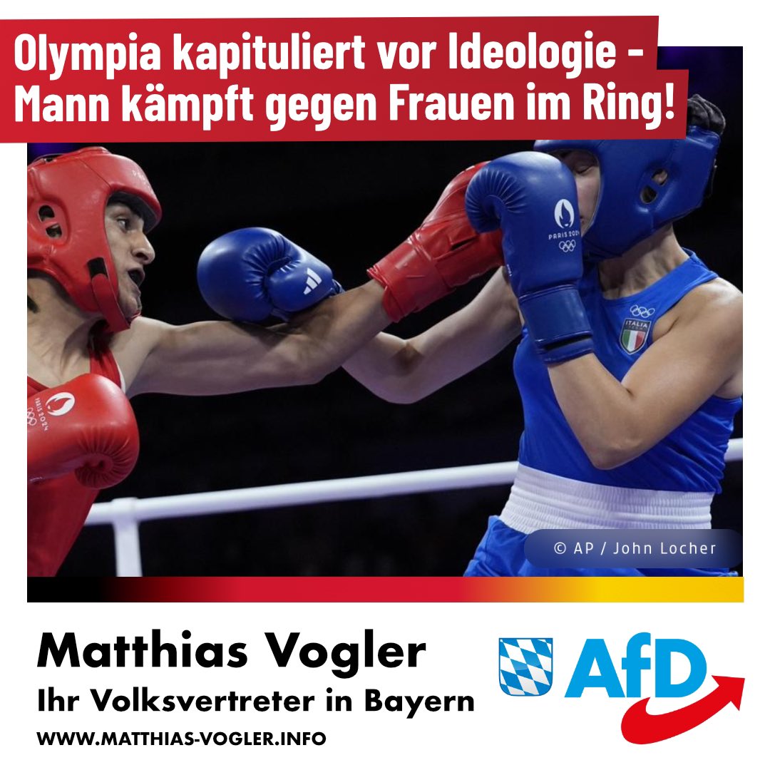 MatthiasVogler2's tweet photo. Es ist inakzeptabel, dass ein #genetischer #Mann gegen eine #Frau im #Boxring antritt. Die körperlichen Unterschiede sind offensichtlich und stellen eine klare #Benachteiligung der #Frauen dar. #Fairness bleibt auf der Strecke. https://t.co/knGAUpY3HS