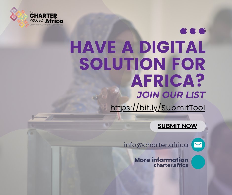 🚨#NetworkingOpportunity

💡Do you have a tech solution that can help improve #governance and #democracy in #Africa?

🔖💻Submit it now at bit.ly/SubmitTool and be part of a network of changemakers. 

#CharterAfrica #TechForGood