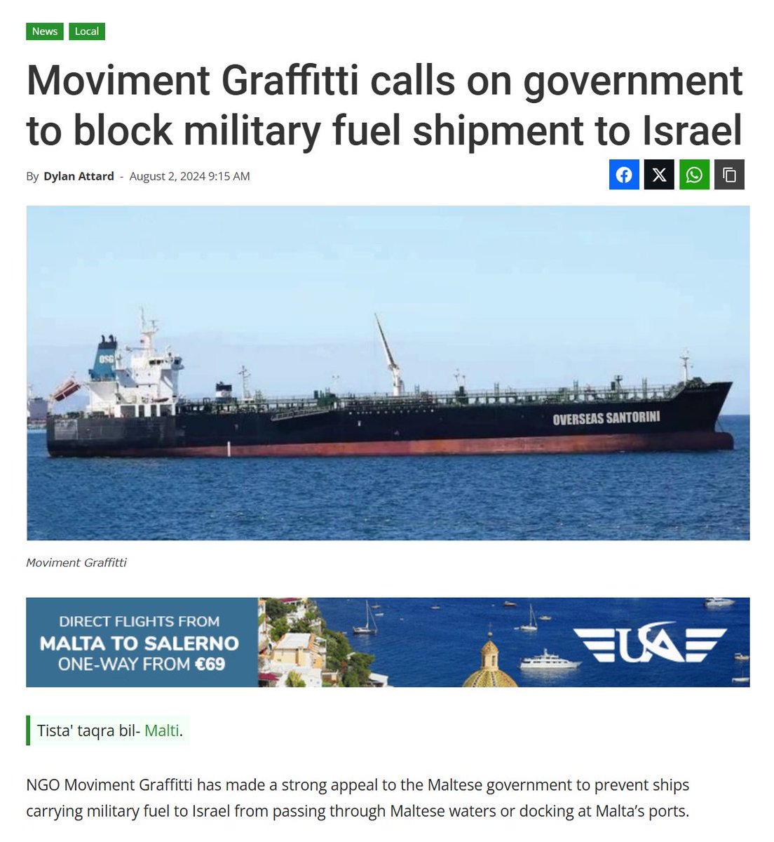 🚨URGENT UPDATE

After being rejected by Spain and Gibraltar, <a href="/MovGraffitti/">Moviment Graffitti</a> has called upon the government of MALTA to also refuse the Overseas Santorini to enter Maltese waters and prevent it from docking.

News from across Malta demonstrate serious concern over allowing the