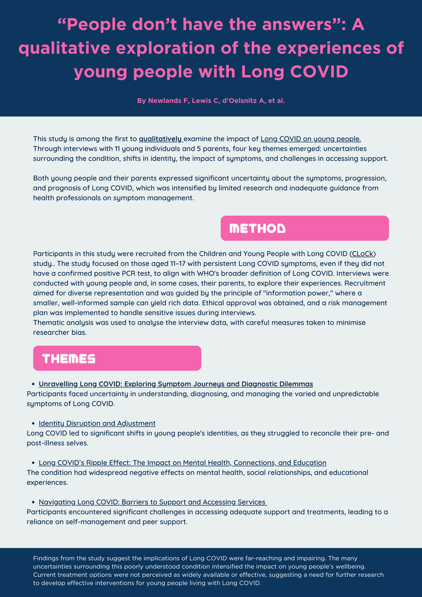 #OpenAccess Paper:

“People don’t have the answers”: A #qualitative exploration of the experiences of #youngpeople with #LongCovid  - Newlands F, Lewis C, d’Oelsnitz A, et al. 
journals.sagepub.com/doi/full/10.11… 

#LongCovidKids #Covid #ThematicAnalysis #QualitativeResearch #ChildPsychology