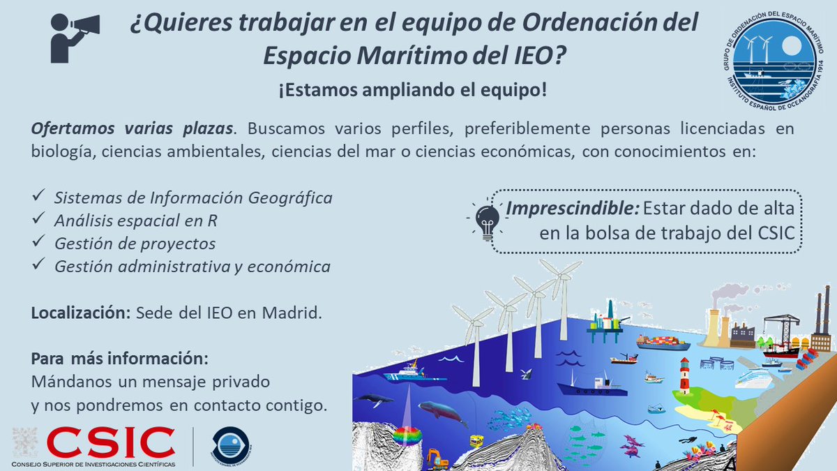 📢ALERTA: Oferta de empleo❗ Ampliamos el equipo de Ordenación del Espacio Marítimo del <a href="/IEOoceanografia/">Instituto Español de Oceanografía (IEO-CSIC)</a> ¿Interesados? 👇😎