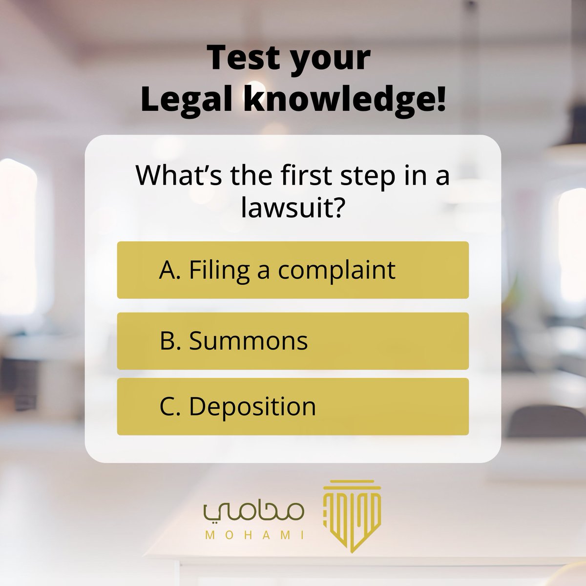 Mohami_sa's tweet photo. Test your legal knowledge! What’s the first step in a lawsuit? #LegalQuiz #TestYourKnowledge https://t.co/KVxr7zDj1V
