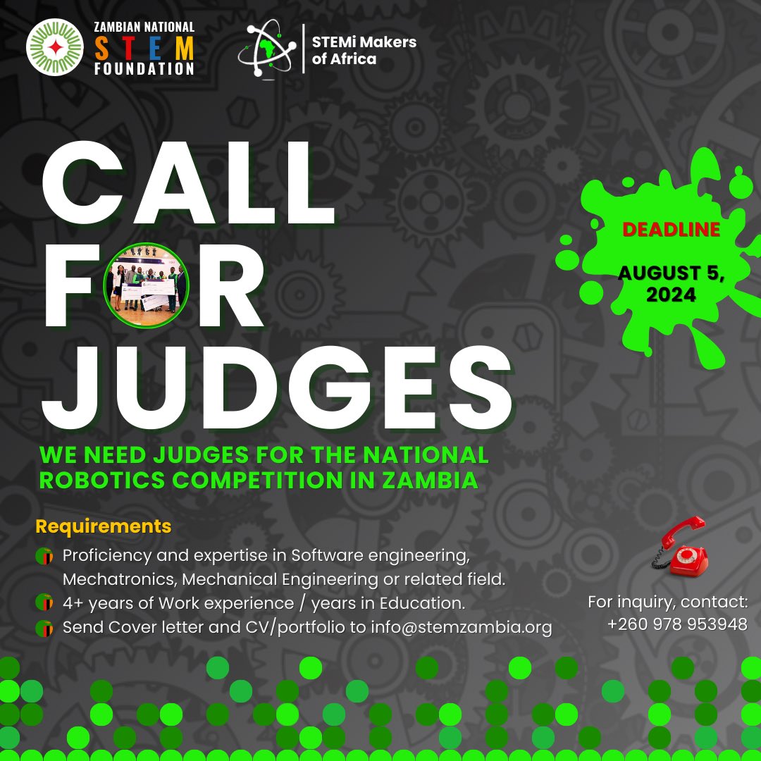 STEMiWomen's tweet photo. …or DM us.
We are inviting organizations and individuals to participate in evaluating shortlisted projects of talents in Zambia 🇿🇲.
#roboticscompetition #STEMeducation #STEMShowcase #STEMinZambia #engineering #innovation https://t.co/oeR7YNHFWA
