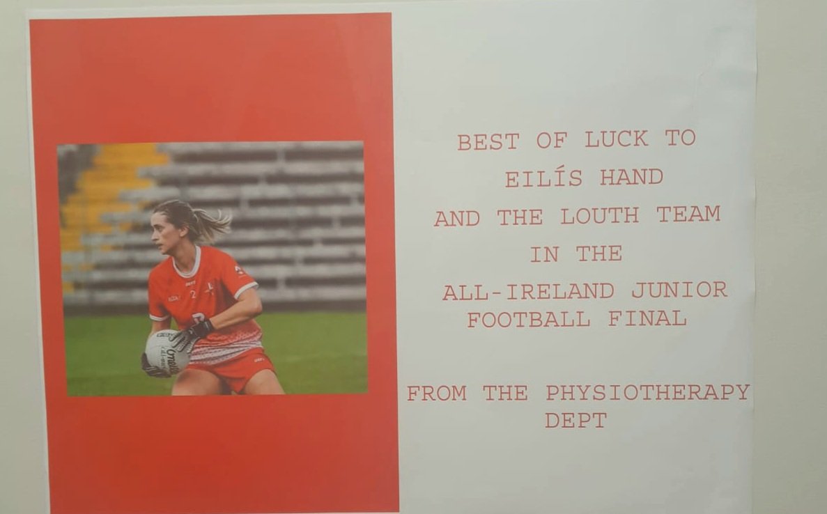 Physiotherapy Dept, Our Lady of Lourdes Hospital (@ptololh) on Twitter photo Another All Ireland football player from OLOLH physiotherapy dept. Best of luck to Eilis Hand and the Louth Ladies on Sunday <a href="/Eilis_94/">Eilís Hand</a> <a href="/LouthLGFA/">Louth LGFA</a> <a href="/CathyGillen3/">Cathy Gillen</a> <a href="/_ISCP_/">ISCP</a> <a href="/WeHSCPs/">National HSCP Office, HSE</a> Another All Ireland football player from OLOLH physiotherapy dept. Best of luck to Eilis Hand and the Louth Ladies on Sunday <a href="/Eilis_94/">Eilís Hand</a> <a href="/LouthLGFA/">Louth LGFA</a> <a href="/CathyGillen3/">Cathy Gillen</a> <a href="/_ISCP_/">ISCP</a> <a href="/WeHSCPs/">National HSCP Office, HSE</a>