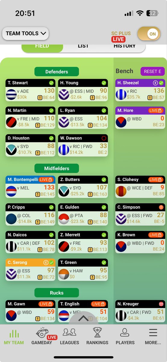 5Jester's tweet image. So. I just asked @all_superfooty @tim_michell about making Sheezel an emg  with Hore  in def to loop Bont whether I get Sheezel score. Answer seems to be yes. I make Sheezel an eng and it removes it off Clohesy who was my mid emg and was already locked. Help #Supercoach