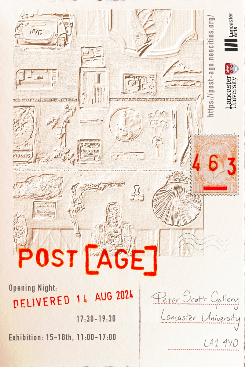 From 15-18 August <a href="/LancasterUni/">Lancaster University</a>'s  MA Fine Art cohort deliver their summer degree show exhibition, entitled ‘Post [Age]’, in the Peter Scott Gallery, featuring the work of 8 artists. Opening on 14 August 5.30-7.30pm. All welcome. Free entry. lancasterarts.org/youre-invited/…