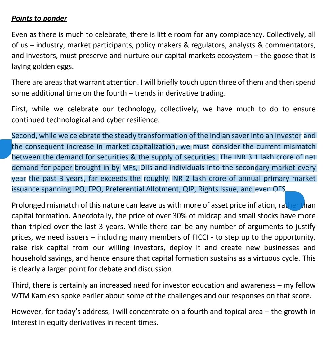 ActusDei's tweet photo. One of the best speeches I've heard on capital markets was delivered today by Ananth Narayan of Sebi. 

He laid out the basic demand-supply mismatch in the stock market in the past 3 yrs.

Demand for paper - from MFs, retail etc: Rs 3.1 lakh crore
Supply of paper - IPO, OFS etc: 2 lakh crore 

Result: Crazy bull market
Solution: We need more supply- IPOs etc 

Full text here: https://t.co/Wiy3YqyhXX