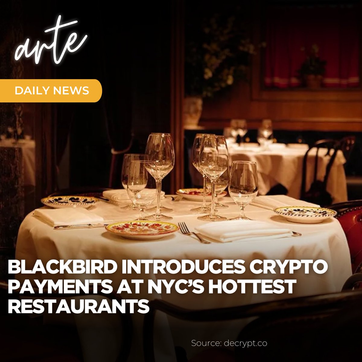 📢 arte Daily News

<a href="/blackbird_xyz/">Blackbird</a> Introduces Crypto Payments at NYC’s Hottest Restaurants.

Semma is adopting #Blackbird’s crypto payment system, letting diners pay with FLY #cryptocurrency and enjoy personalized perks.

tinyurl.com/2vkzdxe9

@decryptmedia