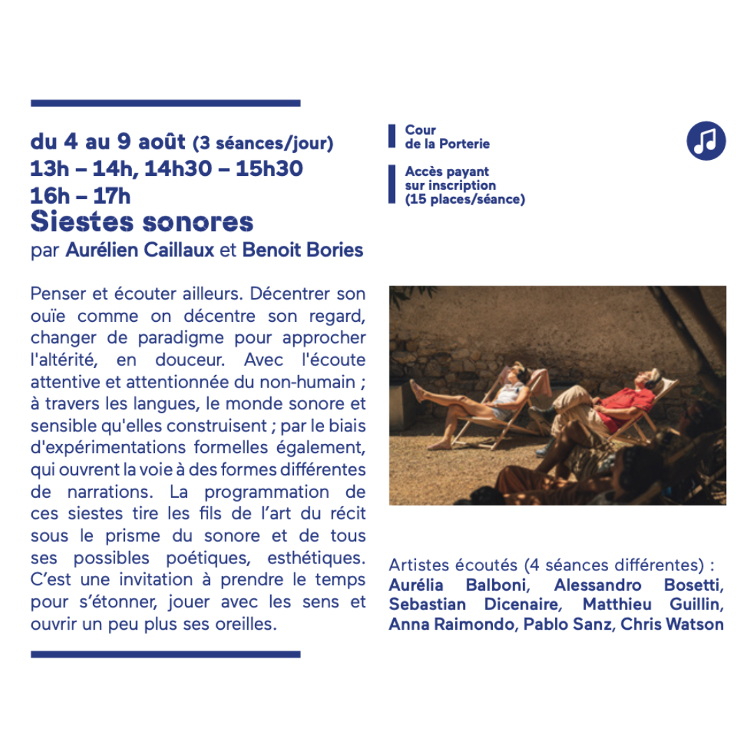 sharawadji's tweet photo. SIESTES SONORES )))
4-9 août ~ Banquet du livre 2024
Abbaye médiévale de Lagrasse @lesartsdelire 

Artistes écoutés: Aurélia Balboni, Alessandro Bosetti, Sebastian Dicenaire, Matthieu Guillin, Anna Raimondo, Pablo Sanz, Chris Watson

merci Aurélien Caillaux et Benoit Bories ))) https://t.co/pxiaKdeq7Z
