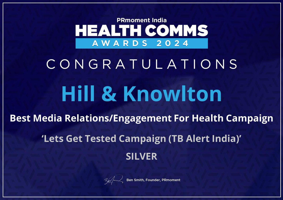 PRmomentIndia's tweet image. Congratulations to @HKStrategies India on Best Media Relations/Engagement For Health Campaign Silver for Let&apos;s Get Tested (TB Alert India). 📷

Check the PRmoment Health Comms Awards 2024 winners - bit.ly/3St1O5F
#LetsGetTested #TBAlertIndia 

@paarulC