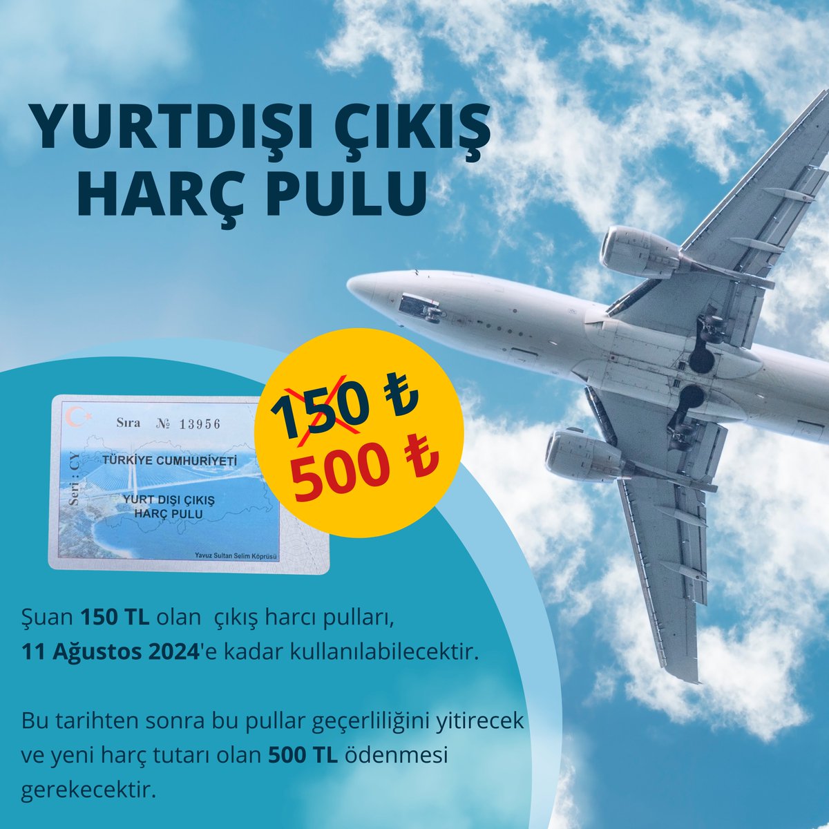 YURT DIŞI ÇIKIŞ HARÇ PULU  10 Ağustos 23.59'dan itibaren Yurt dışı çıkış Harç pulları zamlı fiyata geçecektir. 

 Detaylı Bilgi   

🌐 viss.com.tr 

  Mail 📷 info@viss.com.tr 

 #yurtdışıeğitim #Vize #Danışmanlık #Eğitim #Harç #Harçpulu