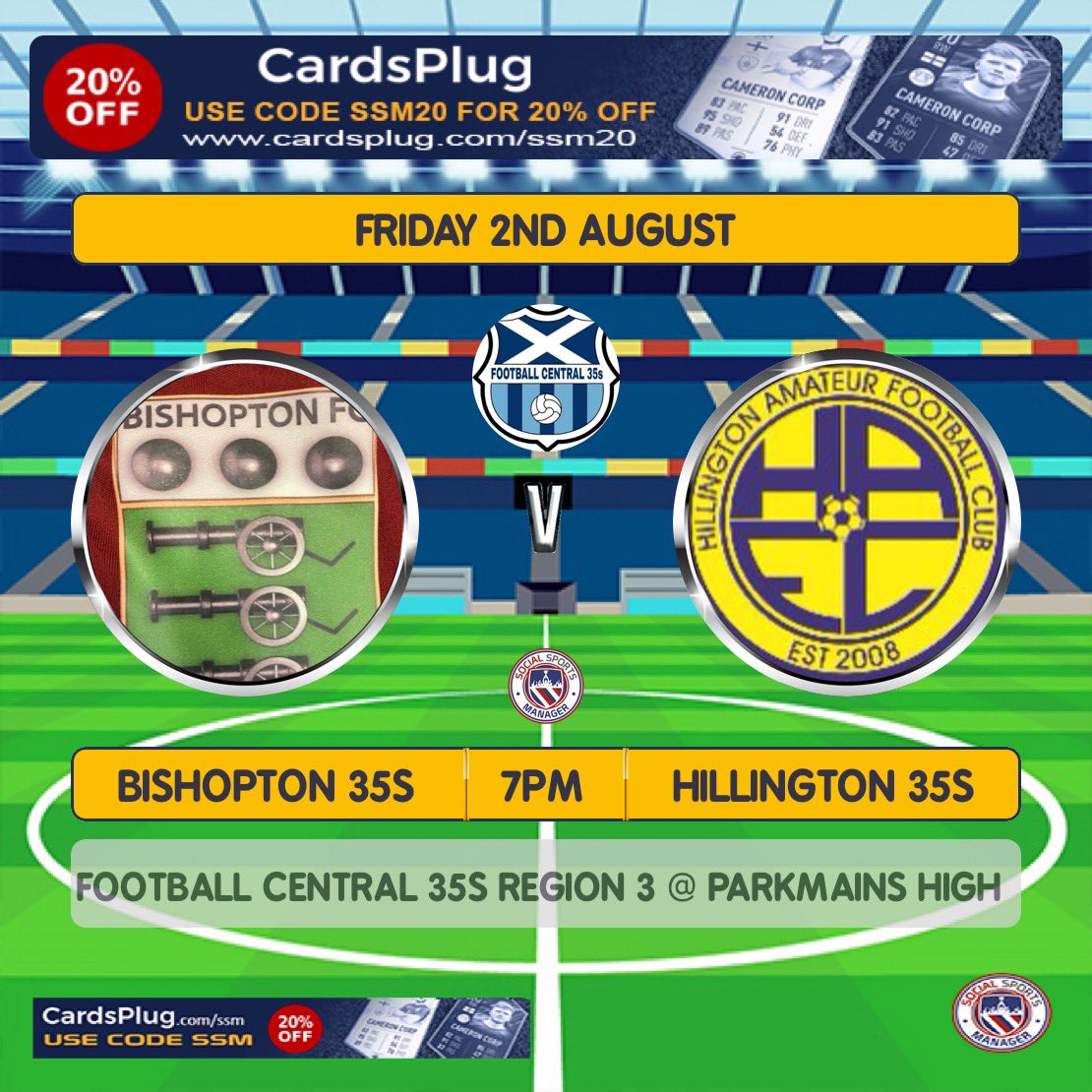 <a href="/AfcHillington/">Hillington AFC</a> <a href="/centregions35s/">Football Central 35s</a> <a href="/scottish_aff/">AmateurFixturesResultsSCO</a> 
Tonight Hillington make the short trip to Park Mains High School in Erskine for their table top clash v <a href="/bishoptonfc35s/">Bishopton FC 35s (Central 35s)</a> 
Should be a good one 💙💛💙💛