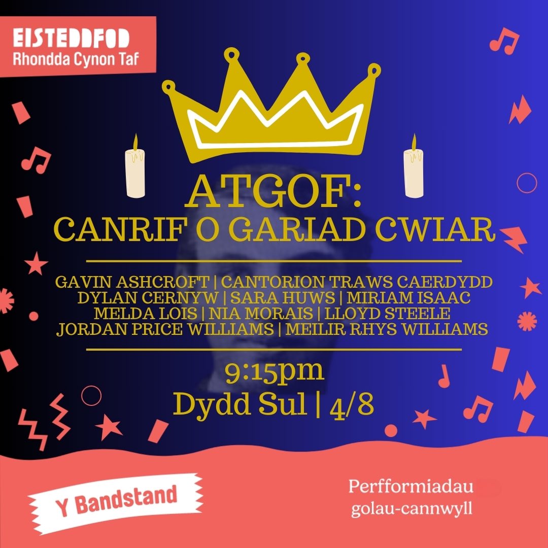 Cardiff Trans Singers (@transsingers) on Twitter photo Rydyn ni’n edrych ymlaen cymaint at berfformio yn yr <a href="/eisteddfod/">eisteddfod</a> #MasArYMaes! 🥳
Daliwch ni ar ddydd Sul yma!
2yh, Llwyfan y Maes, Corau Mas ar y Maes efo <a href="/SWGMC/">South Wales Gay Men’s Chorus</a> a <a href="/SongbirdsCdf/">Songbirds</a>
9yh, Bandstand, Atgof: Canrif o Gariad Cwiar, cyngerdd golau-cannwyll
💖 🏴 🎶 🏳️⚧️ 💖 Rydyn ni’n edrych ymlaen cymaint at berfformio yn yr <a href="/eisteddfod/">eisteddfod</a> #MasArYMaes! 🥳
Daliwch ni ar ddydd Sul yma!
2yh, Llwyfan y Maes, Corau Mas ar y Maes efo <a href="/SWGMC/">South Wales Gay Men’s Chorus</a> a <a href="/SongbirdsCdf/">Songbirds</a>
9yh, Bandstand, Atgof: Canrif o Gariad Cwiar, cyngerdd golau-cannwyll
💖 🏴 🎶 🏳️⚧️ 💖