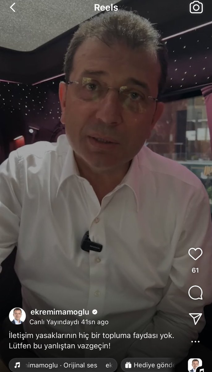 Ekrem İmamoğlu, Instagram'da canlı yayın açarak erişim yasağına tepki gösterdi.