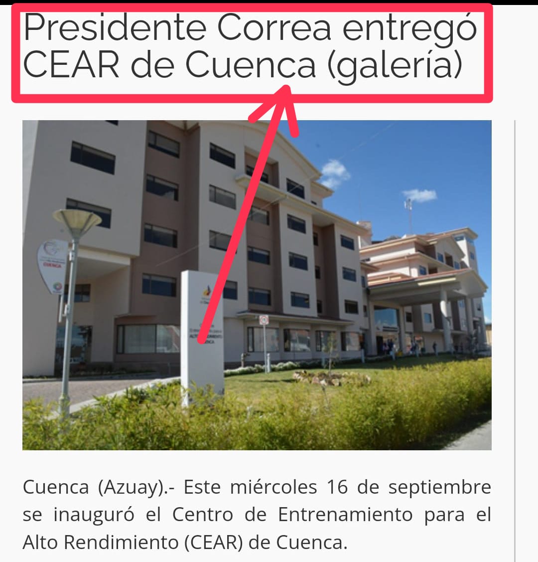 patynunezCh's tweet photo. ¿Saben quién CONSTRUYÓ el centro de alto rendimiento, uno de los lugares donde entrenaba el campeón olímpico #DanielPintado? Exactamente, la misma persona que edificó las escuelas del milenio, hospitales a los que les llamaron "elefantes blancos".
(CEAR - Cuenca)👇 https://t.co/fvYgiucRXa