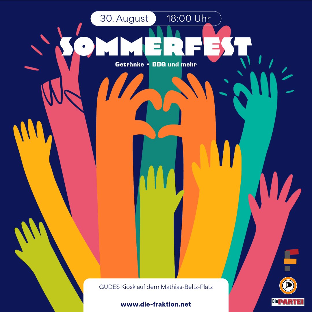 Am 30. August feiern wir unser Sommerfest aus dem Mathias-Beltz-Platz am GUDES-Kiosk. Wir laden zum (vegi)BBQ und Getränken. Kommt vorbei! 18 Uhr gehts los.