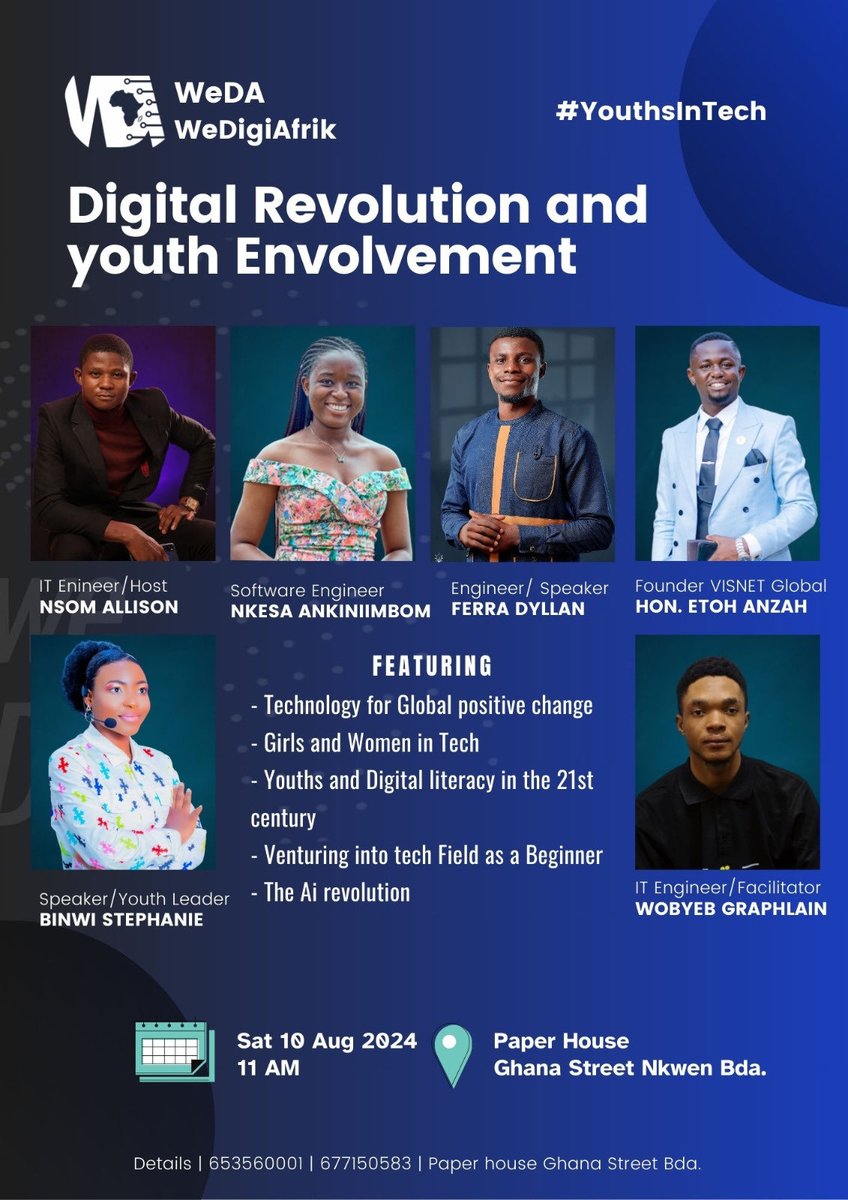 I’m Elated to share that I will be Talking on Technology for Global Positive Change in the Digital Revolution and Youth Empowerment Workshop organized by #WeDigiAfrik and #YouthsInTech. The Future is in Technology ⁦<a href="/DigitalTrends/">Digital Trends</a>⁩ ⁦<a href="/SamsungMobiAfr/">SamsungAfrica</a>⁩ ⁦<a href="/Spotify/">Spotify</a>⁩