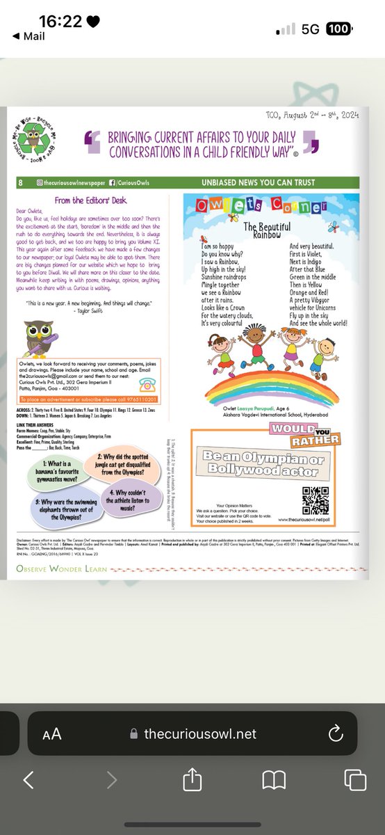 Nigama RV (@nigamarv) on Twitter photo I’m so proud, excited and psyched to announce 6yr old cute li’l niece, Laasya Priya’s second poem “The Beautiful Rainbow” got published today in the most prestigious newspaper for kids “The Curious Owl”
#poetry #poetrycommunity #childpoet #writingcommunity #proudauntie I’m so proud, excited and psyched to announce 6yr old cute li’l niece, Laasya Priya’s second poem “The Beautiful Rainbow” got published today in the most prestigious newspaper for kids “The Curious Owl”
#poetry #poetrycommunity #childpoet #writingcommunity #proudauntie