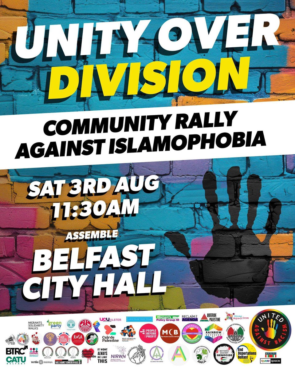 The anti racist movement in Belfast is calling on all progressives to take a stand against racism and Islamophobia tomorrow. Join the peaceful community rally in solidarity and against Islamophobia.