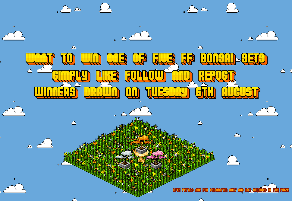 Want to win one of 5 sets of this weeks <a href="/HabboOrigins/">Habbo Hotel: Origins</a> Funky Friday Bonsai plants?

Simply Follow, Like and Repost to go in the running.

Winners drawn Tuesday 6th August 

**Petals not included in the prize, they are purely for decoration.  

#Habbo #HabboOrigins