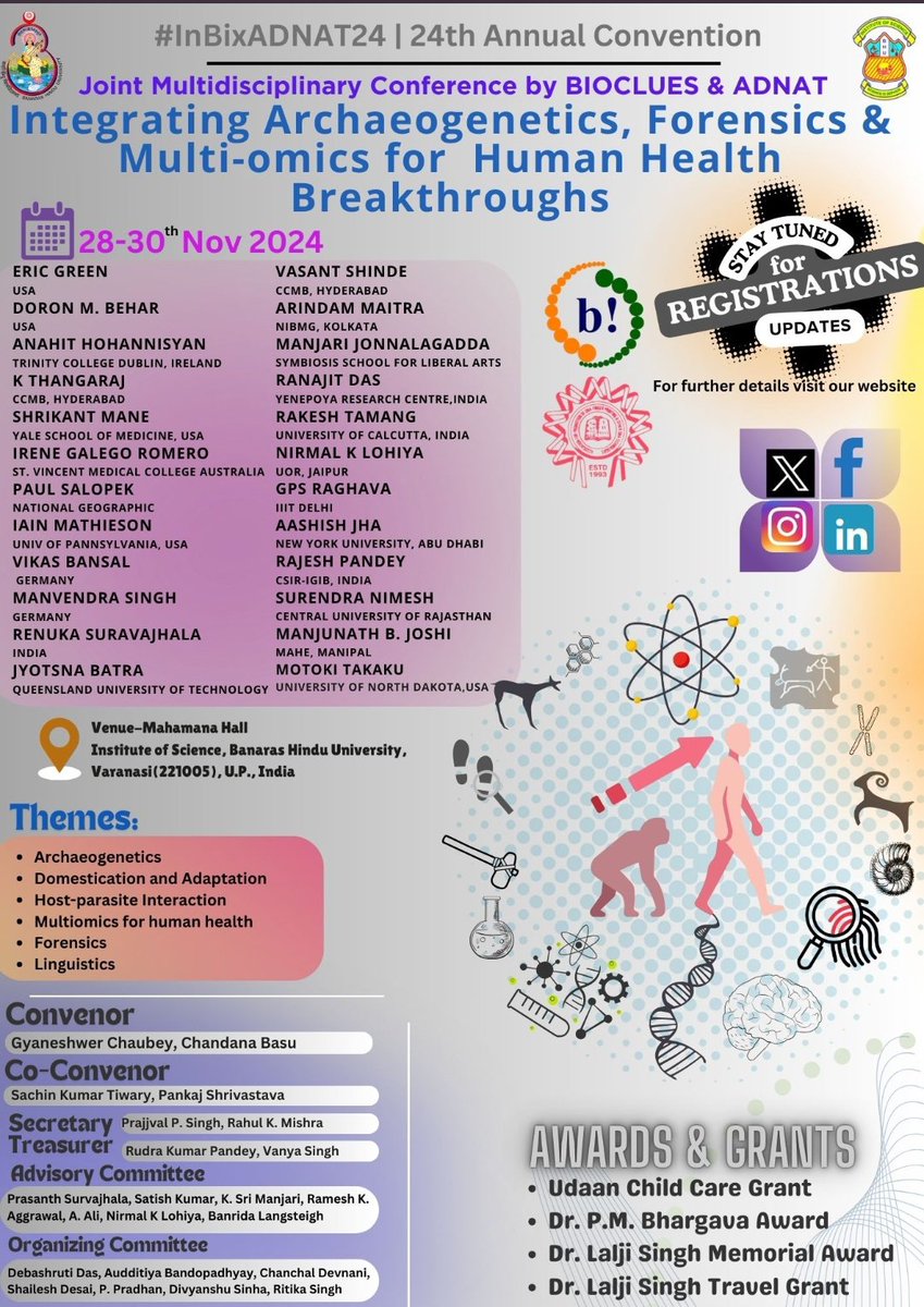 InBixAdnat2024's tweet photo. 🧬CONFERENCE ANNOUNCEMENT🧬
#BHU is hosting a #Mega joint conference of @bioclues &amp; #ADNAT societies from 28th to 30th Nov 24, focusing on "Integrating #Archaeogenetics, #Forensics, &amp; #Multiomics for #HumanHealth Breakthroughs." For more details, visit
https://t.co/prLbomFRtq https://t.co/OlwdoPi5bJ