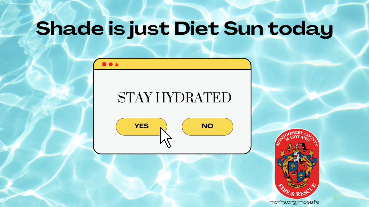 ❗️It's HOT. Dangerously hot.

Montgomery County has activated a Hyperthermia Alert for extreme heat TODAY. Heat index values could exceed 110º F. Stay hydrated. Take precautions to protect yourself &amp; pets from heat-related illnesses: bit.ly/2tPbHyE <a href="/mcfrs/">MontgomeryCo(MD)Fire</a> #BeSafe #Friday