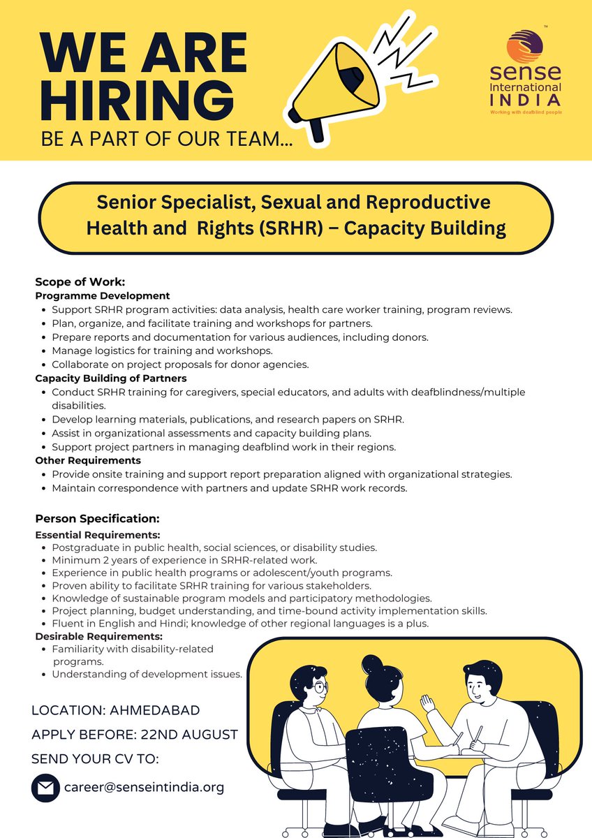 Join Our Team as a 𝗦𝗲𝗻𝗶𝗼𝗿 𝗦𝗽𝗲𝗰𝗶𝗮𝗹𝗶𝘀𝘁 - 𝗦𝗲𝘅𝘂𝗮𝗹 𝗮𝗻𝗱 𝗥𝗲𝗽𝗿𝗼𝗱𝘂𝗰𝘁𝗶𝘃𝗲 𝗛𝗲𝗮𝗹𝘁𝗵 𝗮𝗻𝗱 𝗥𝗶𝗴𝗵𝘁𝘀 (𝗦𝗥𝗛𝗥): 𝗖𝗮𝗽𝗮𝗰𝗶𝘁𝘆 𝗕𝘂𝗶𝗹𝗱𝗶𝗻𝗴! 
𝗙𝗼𝗿 𝗱𝗲𝘁𝗮𝗶𝗹𝗲𝗱 𝗷𝗼𝗯 𝗱𝗲𝘀𝗰𝗿𝗶𝗽𝘁𝗶𝗼𝗻, visit senseintindia.org/career.php

 #hiringnow