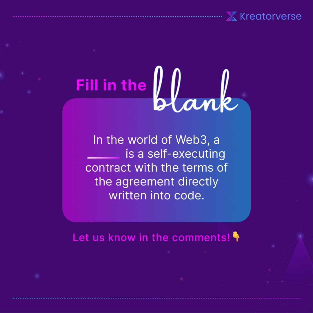 Kreatorverse_'s tweet image. Do you know Web3? Test your knowledge! What&apos;s the term for a contract that runs automatically based on predefined terms? 🤔 

Comment bellow!

#Web3challenge #web3wonder #blockchainbrain #smartsmartcontract
#web3wisdom