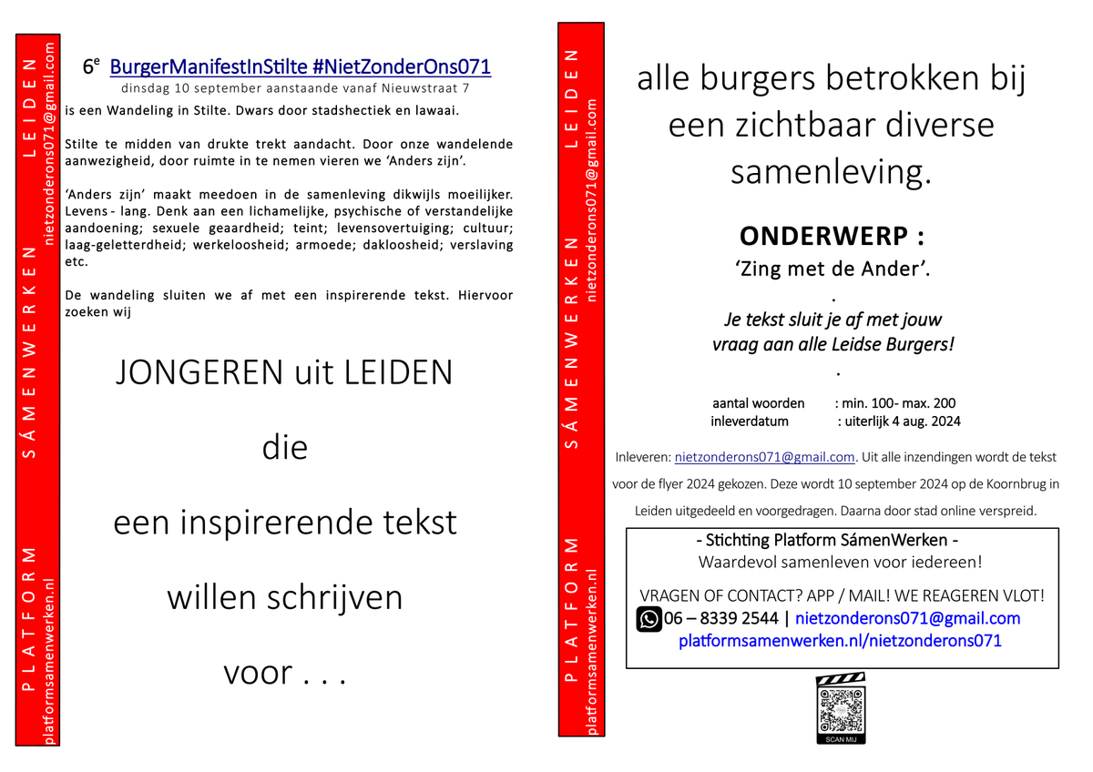 WAT IS JE VRAAG BIJ JE INSPIRERENDE FLYERTEKST #NietZonderOns071? 

10 september 2024 
We gaan wandelen voor een ander verhaal!
#DeAnderDoetErtoe071 #LeidenOmLiefTeHebben

platformsamenwerken.nl/nietzonderons0…

dropbox.com/scl/fi/ys7plen… 

DOORSTUREN? GRAAG! 🌻 🙏