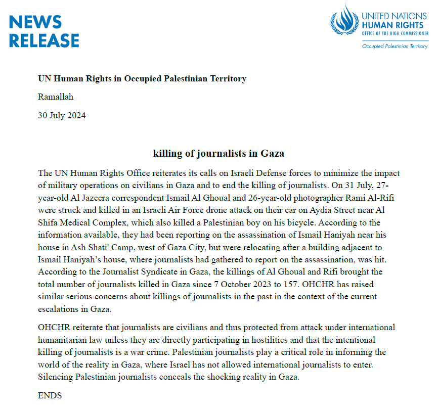 Israel has killed at least 157 journalists in Gaza since 7 October 2023 

Intentional killing of journalists is a war crime.