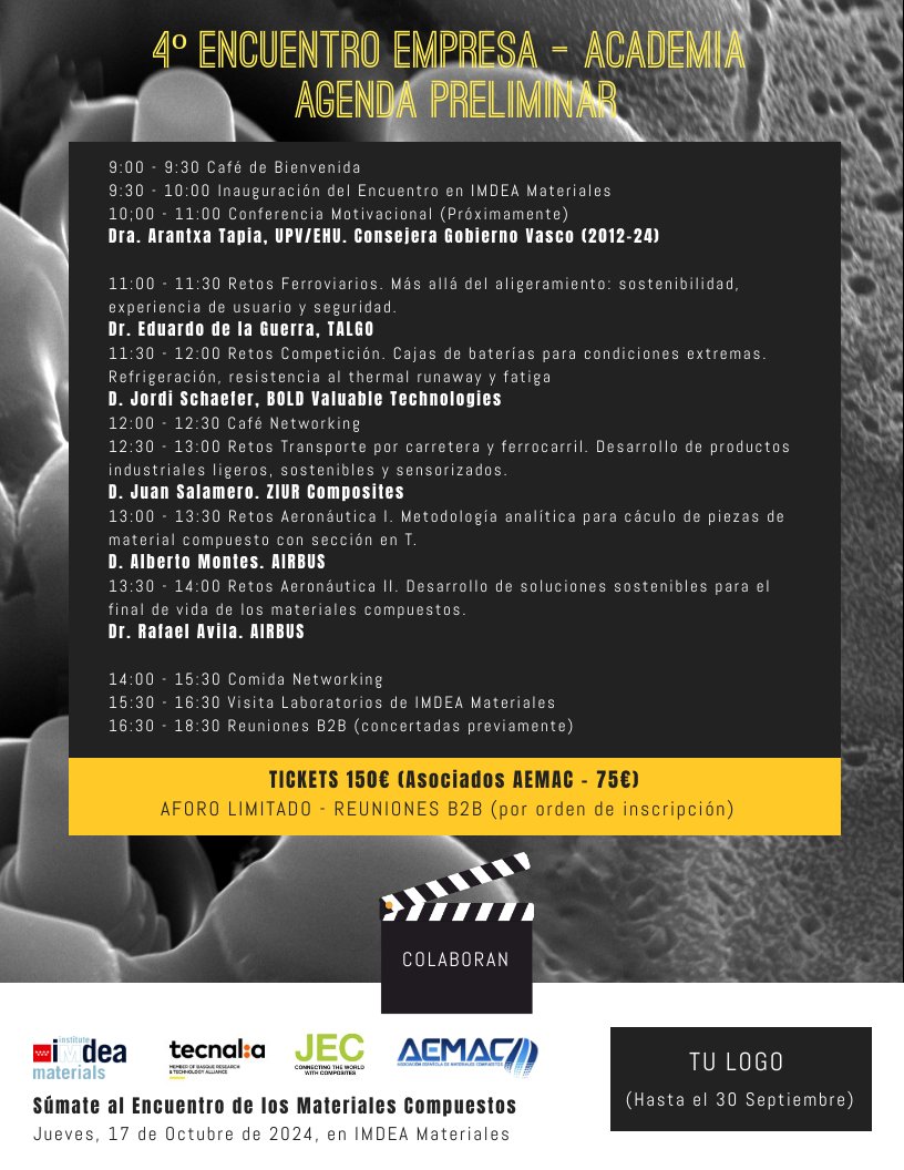 AEMAC_'s tweet photo. Nos vamos de vacaciones, con la Agenda Preliminar del 4ª Encuentro de Colaboración Empresa - Academia, el #EncuentroAEMAC de los #MaterialesCompuestos.

1⃣7⃣ Octubre 
🌐@ImdeaMaterials
✅Inscríbete https://t.co/Qv02tyt33f

Os esperamos a todos, #AsociadosAEMAC
#FelizVerano https://t.co/R6EwAyW2TH