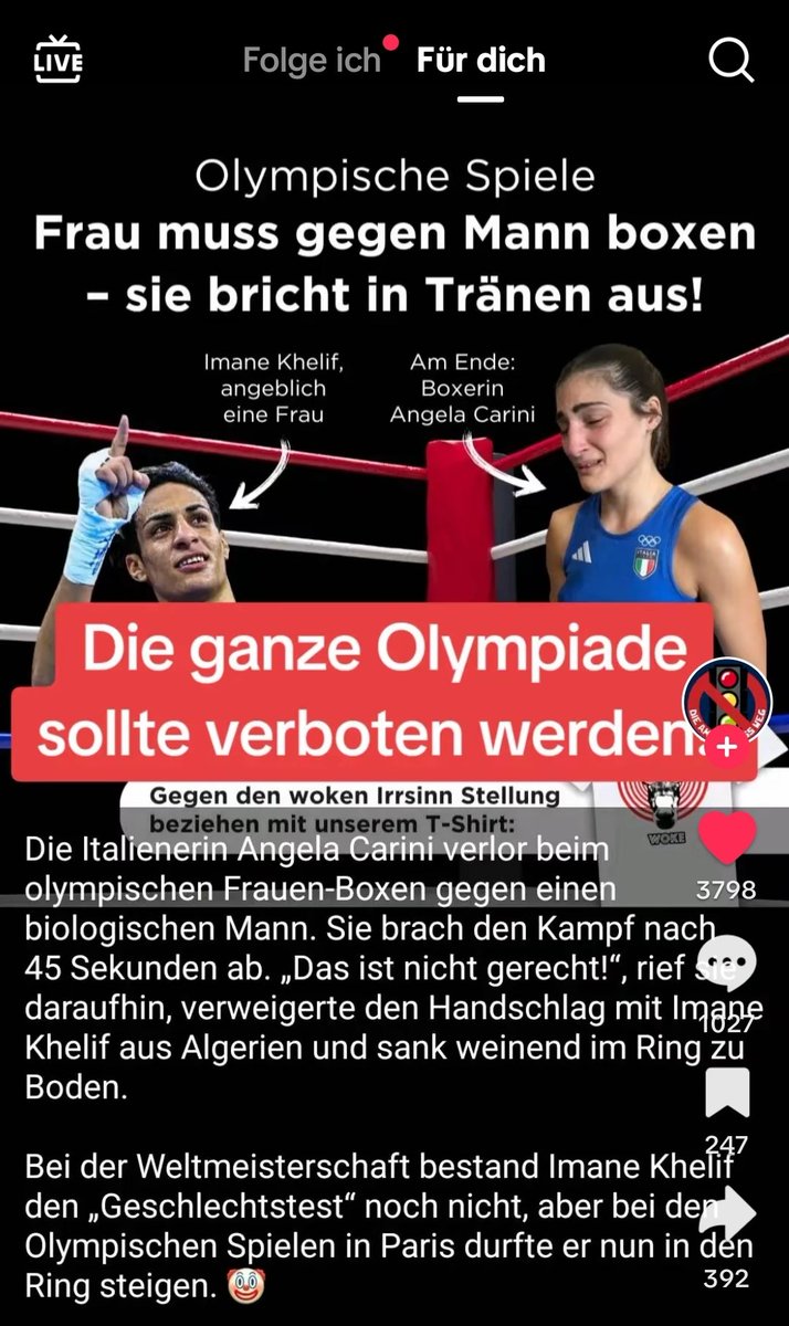 Was für eine Schande, was mit den traditionellen Olympischen Spielen gemacht wird.

Wäre ich ein Mann ohne Ehrgefühl, würde ich ab jetzt immer in der Frauenkategorie antreten. Geht ja total einfach in der heutigen Zeit. Das neue legale Doping. Einfach traurig 😢