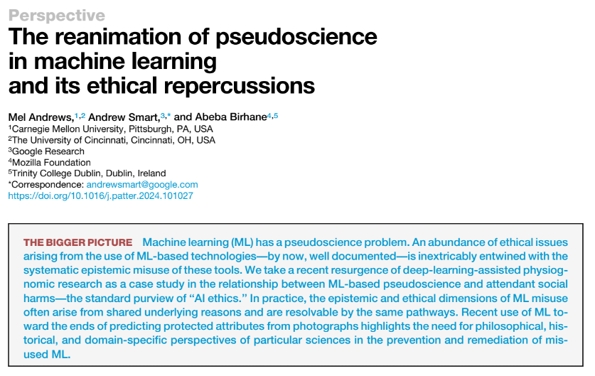 Abeba Birhane (@abebab) on Twitter photo New paper where <a href="/bayesianboy/">Mel Andrews</a>, <a href="/andrewthesmart/">Where the Tweets have no name</a>, and I outline how machine learning is laundering long discredited harmful pseudoscience and offer resources for research best practices to developers/practitioners
cell.com/patterns/fullt… New paper where <a href="/bayesianboy/">Mel Andrews</a>, <a href="/andrewthesmart/">Where the Tweets have no name</a>, and I outline how machine learning is laundering long discredited harmful pseudoscience and offer resources for research best practices to developers/practitioners
cell.com/patterns/fullt…