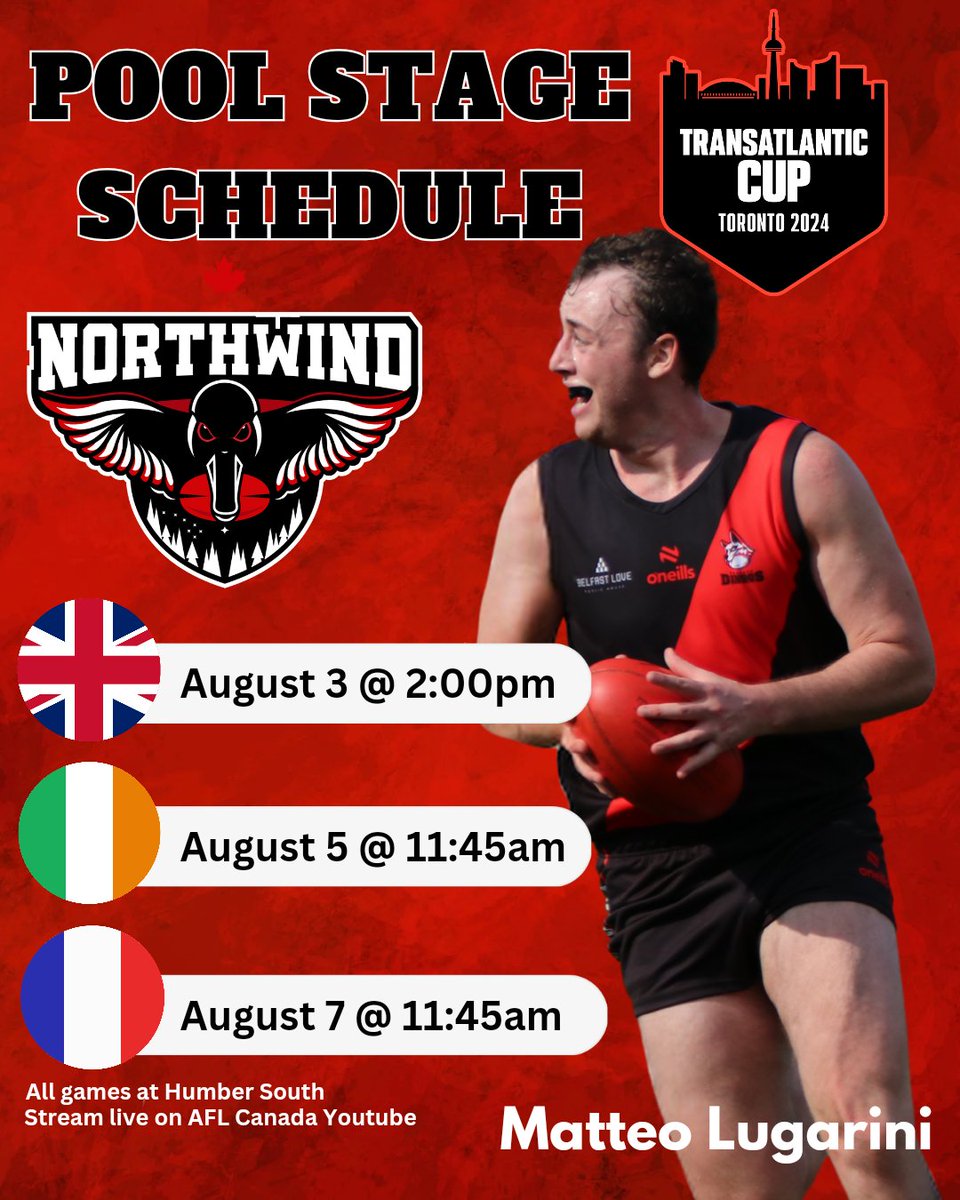 🇫🇷🇨🇦 Support the Dingos in the Trsnsatlantic Cup! Ludo Barrat and France will battle Matteo Lugarini and Canada on August 7th! Be sure to get down to Humber South to cheer them on throughout the pool stage! Stream the games live on the <a href="/AFLCanada/">AFL Canada</a> Youtube page!