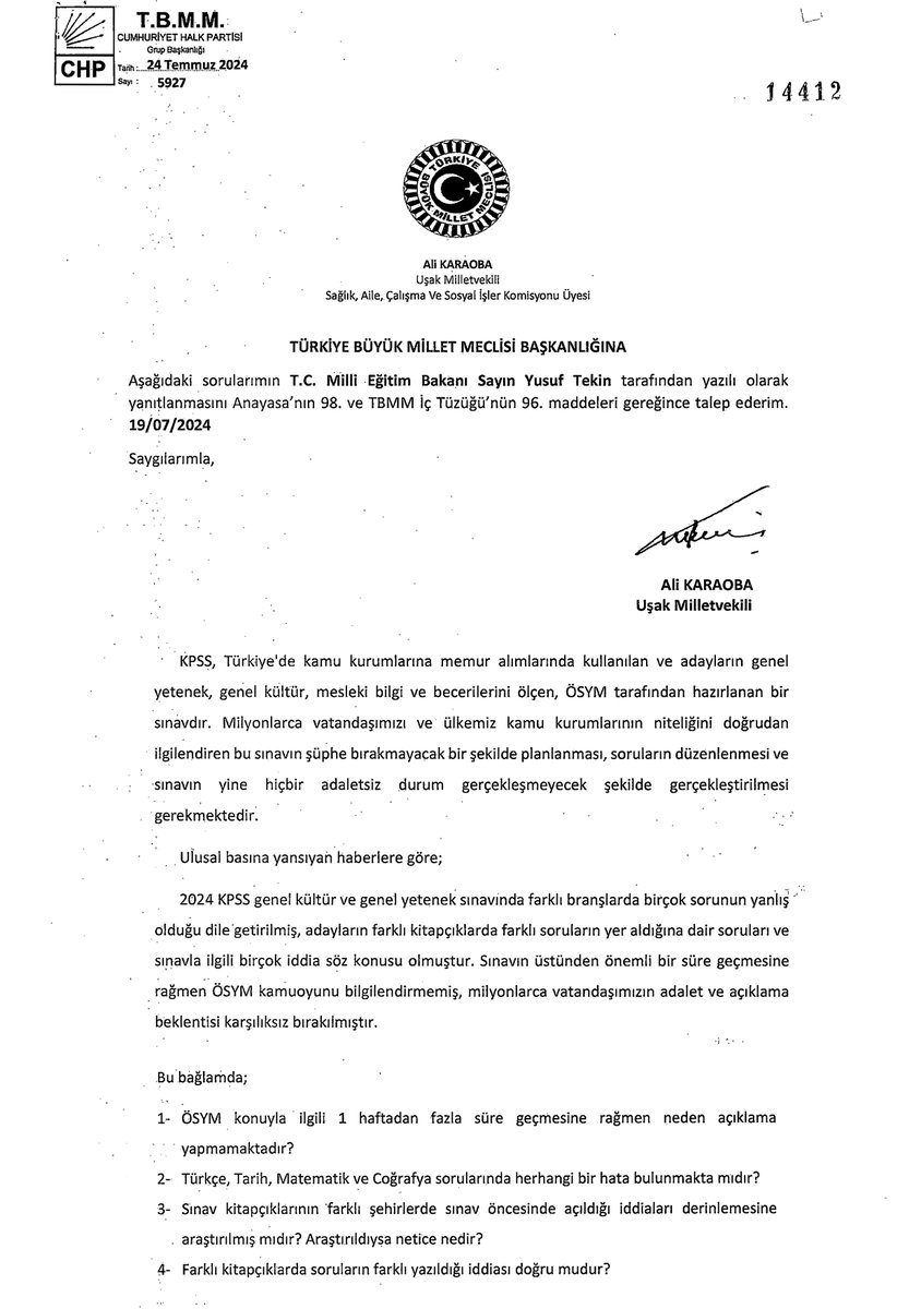Milyonlarca gencimiz sizden kamuoyunu aydınlatacak ve vicdanları rahatlatacak açıklama bekliyor, susma <a href="/OSYMbaskanligi/">ÖSYM</a> ! 

#kpss2024 ile ilgili soru önergemizi de 2 hafta önce vermiştik. Bu konunun bir an önce aydınlatılarak kurumlarımıza da daha fazla zarar vermemesi gerekiyor.