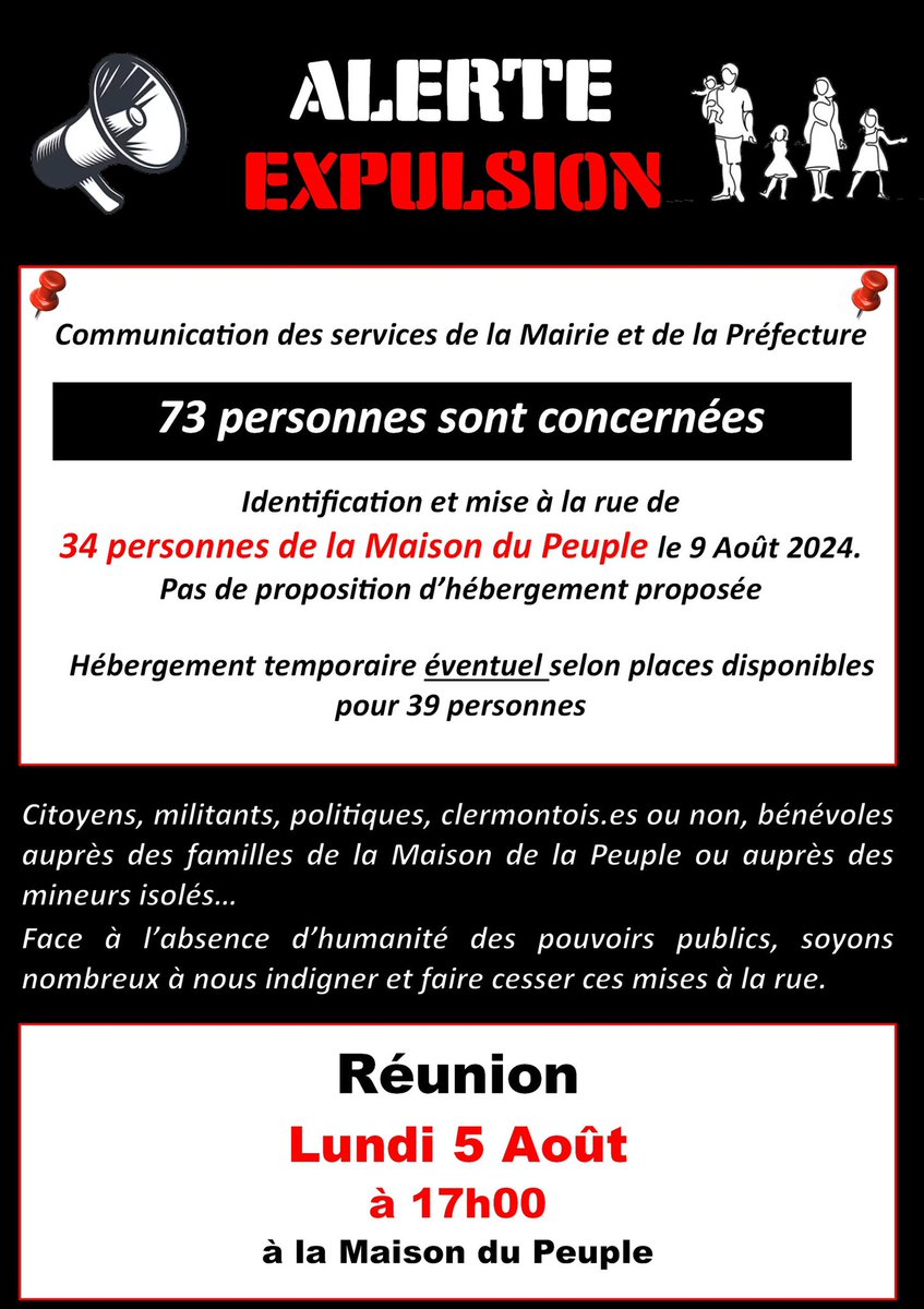 Resf63's tweet photo. 🔴La date de l’expulsion de la #MaisonDuPeuple est connue : le 9 août.
A ce jour, 34 des 73 habitants de la MDP ne se voient pas proposés de solutions de prise en charge par le @Prefet63
🚨Pas d’expulsion sans relogement pour tous !
👉 Réunion de mobilisation le 5/08 à 17h ! https://t.co/qF8MVKQ5nn