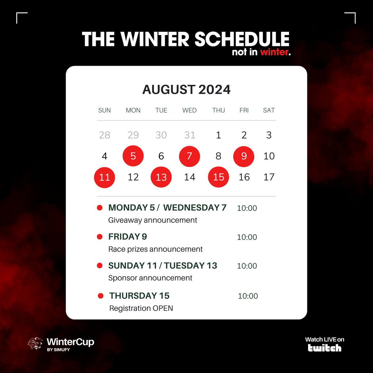 WinterCUP SCHEDULE!🏁

Esto es solo el comienzo, planificación con las fechas de todas las publicaciones que llevaran a cabo esta 4ta edición de la a WinterCup by <a href="/simufy/">Simufy</a>. 

Te la vas a perder? 🤝