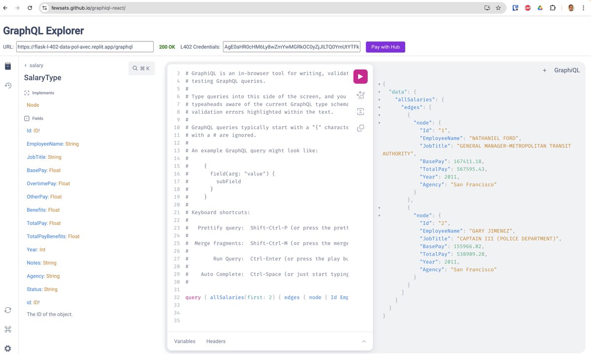 pol_avec's tweet image. It&apos;s demo time again, today how to monetize your DB with #L402,

The server:
  * exposes a #SQLite DB as a  @GraphQL endpoint 
  * 402-protected using Flask &amp;amp; l402-python package
  * insta deployed w/ @Replit 

The @GraphiQL-based website:
  * allows users to add credentials 
  *…