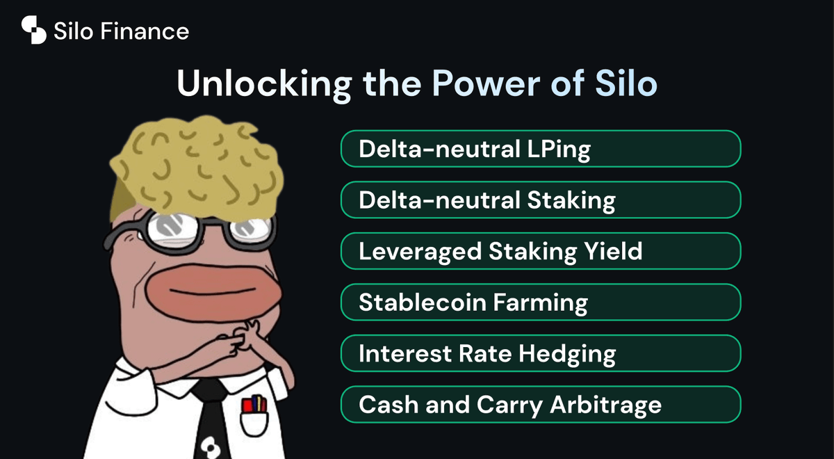 SiloFinance's tweet photo. So you've found your way to the Silo dApp and finally understand the basics of lending.

But what type of strategies can you utilize?

Check out this compilation of strategies by @SiloIntern that maximize the value of our isolated markets 👇 https://t.co/yrzBQDf0L3